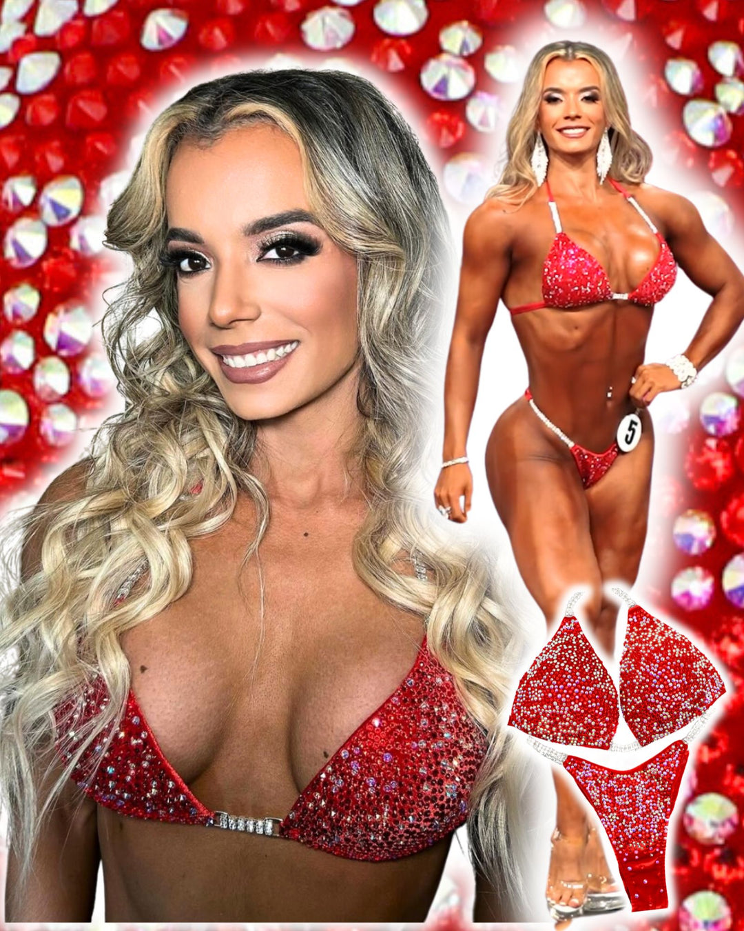 "Andrea's Arnold Red Velvet AB Radiance," the epitome of elegance and strength for female bodybuilders. Inspired by Andrea Hrenko, featuring vibrant reds and sparkling crystal AB accents. Illuminate the stage with confidence in this luxurious suit, designed to showcase your power and grace.