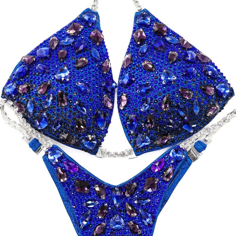 Custom Platinum Pro blue competition bikinis with gemstone effect for NPC bikini competition suit and figure competition suits