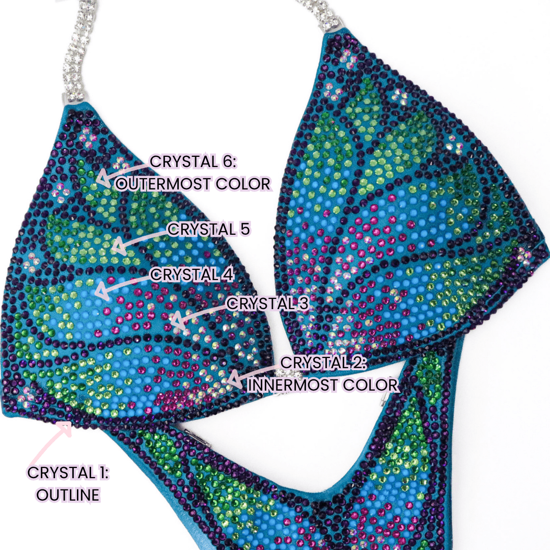 Custom Crystal Monarch blue competition bikinis with butterfly details for NPC bikini competition suit and figure competition suits