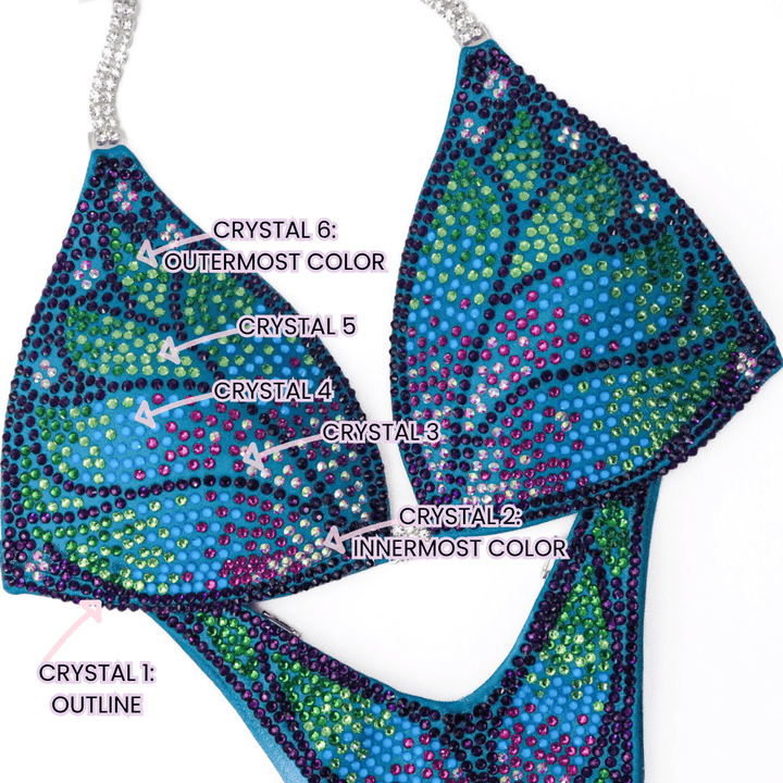 Custom Crystal Monarch blue competition bikinis with butterfly details for NPC bikini competition suit and figure competition suits