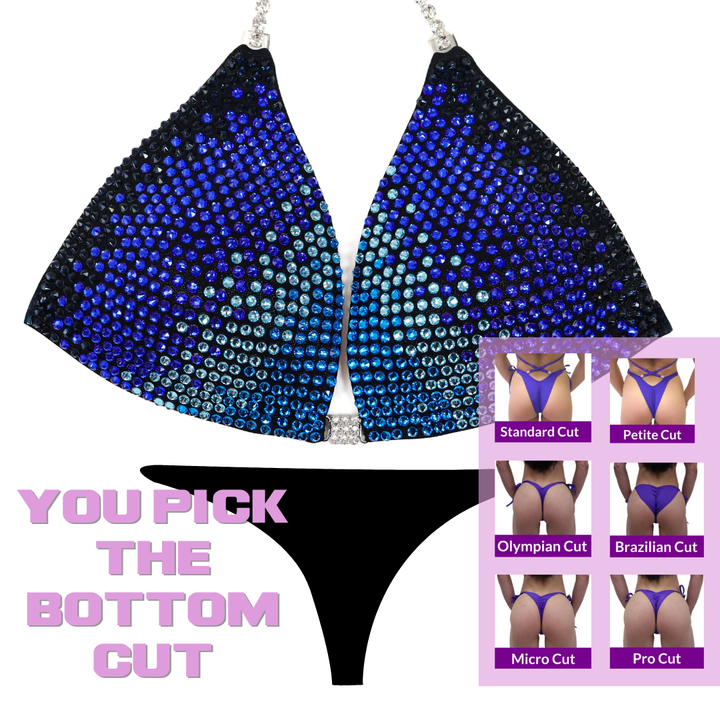 QS SZ: Diamond Cascade. Wet Black. Medium Molded.  Angel Competition BikinisThe best NPC Competition Suits for the Bikini Division, Fit Model Division Suits, and bodybuilding suits.