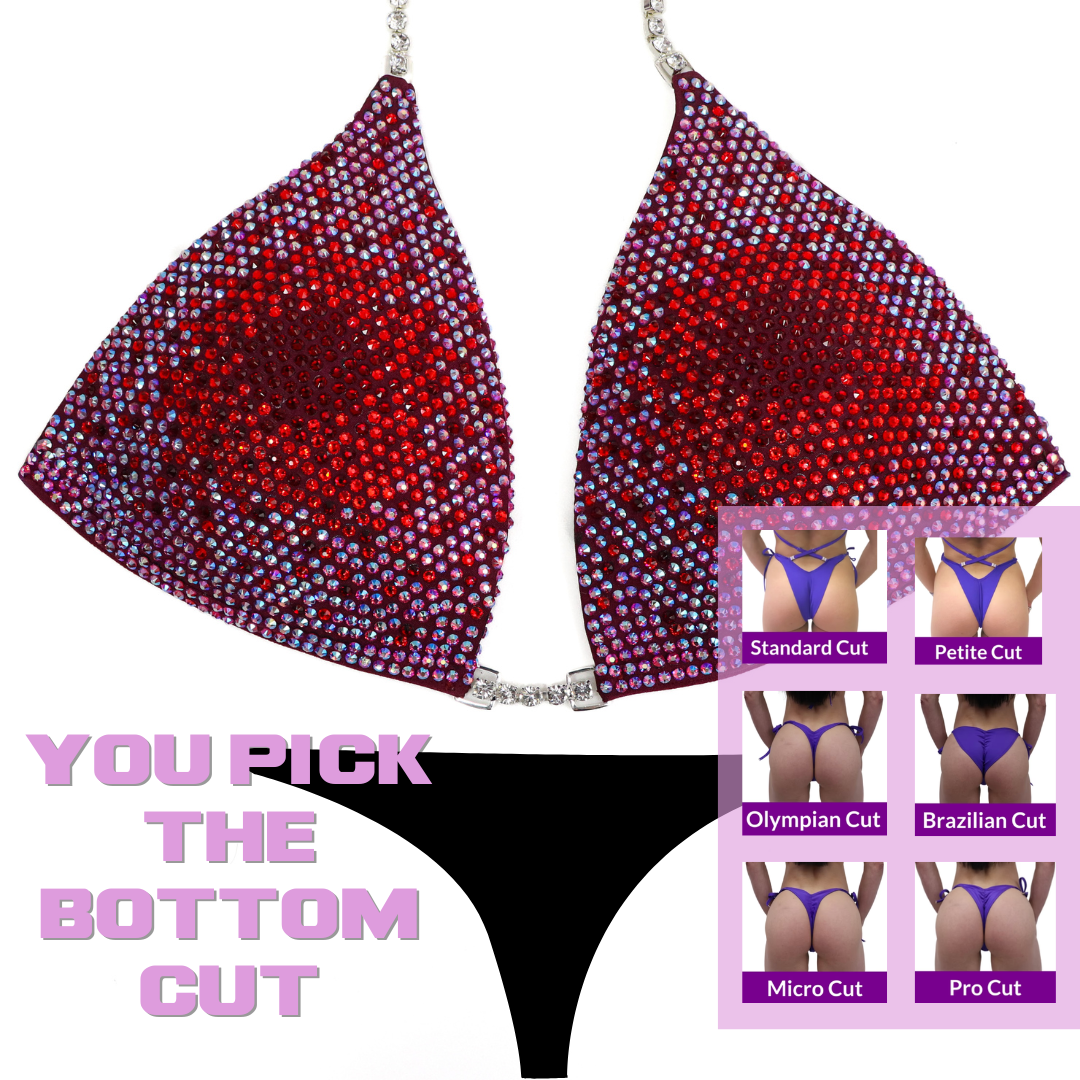 QS SZ: Crystal Nova 3. Matte Maroon. Large Molded.  Angel Competition BikinisThe best NPC Competition Suits for the Bikini Division, Fit Model Division Suits, and bodybuilding suits.