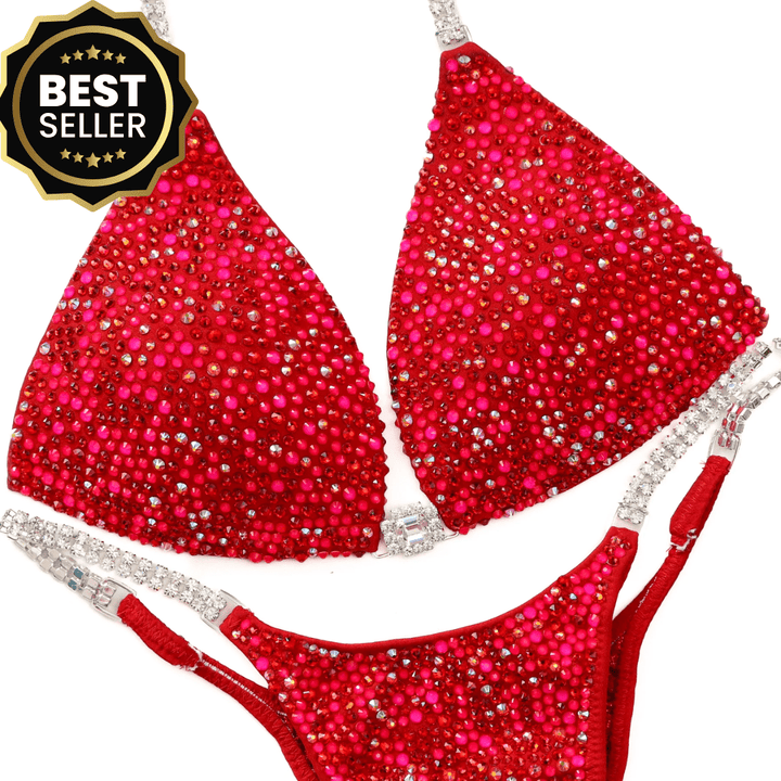 Rhoda's Neon Red Radiance custom competition bikinis for NPC bikini competition suit and figure competition suits