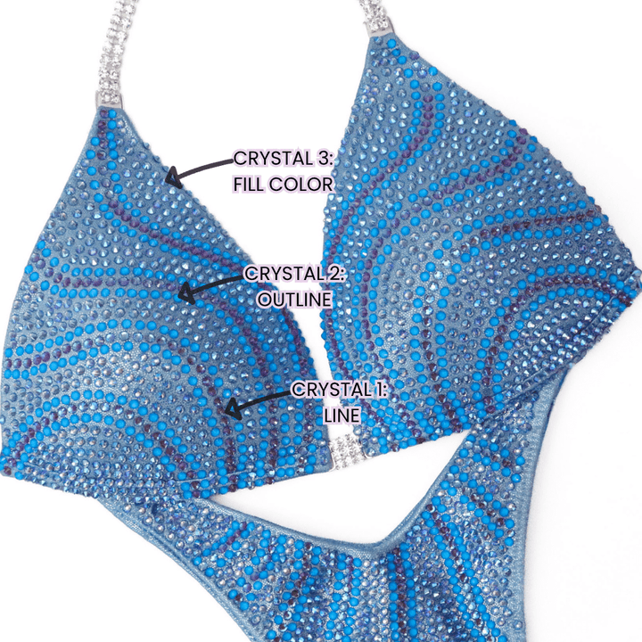 Custom Crystal Eclipse blue posing suit with detailed lines for NPC bikini competition suit and figure competition suits