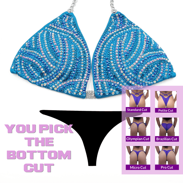 QS SZ: Crystal Swirl. Hologram Turquoise. Medium.  Angel Competition BikinisThe best NPC Competition Suits for the Bikini Division, Fit Model Division Suits, and bodybuilding suits.