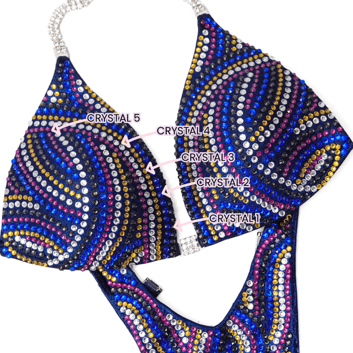 Custom Crystal Swirl purple and blue competition bikinis with flowing lines for NPC bikini competition suit and figure competition suits