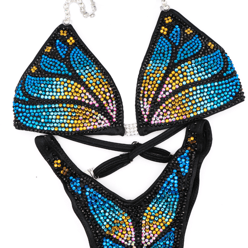 Custom Crystal Monarch black competition bikini with butterfly crystal design for NPC bikini competition suit and figure competition suits