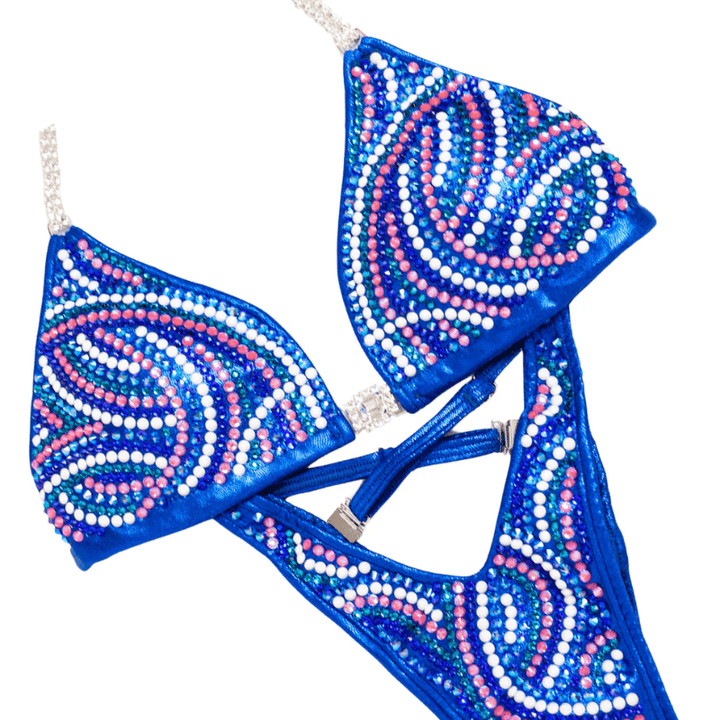 Custom Crystal Swirl blue competition bikinis with intricate lines for NPC bikini competition suit and figure competition suits