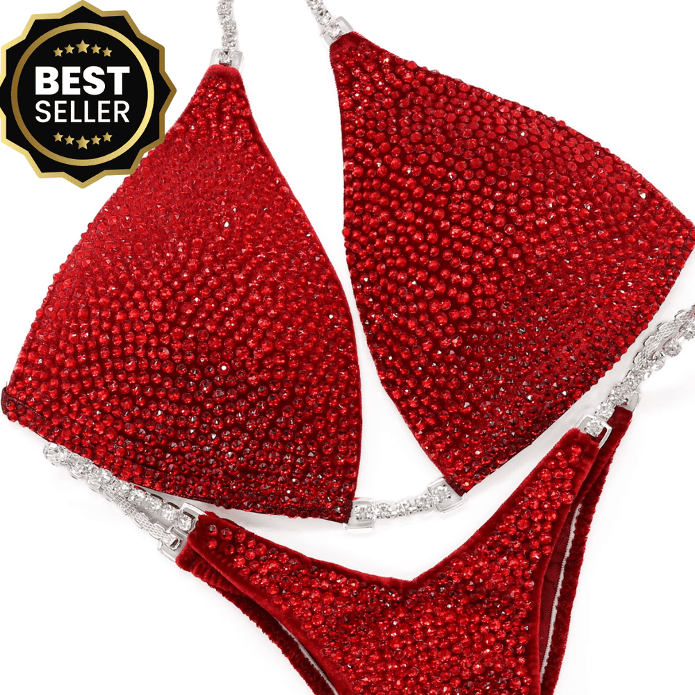 Tamekia's Red Velvet Radiance custom competition bikinis in red for NPC bikini competition suit and figure competition suits