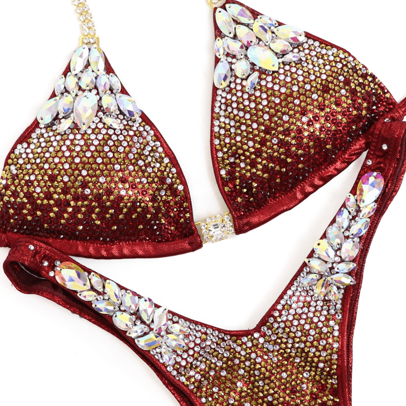 Custom Platinum Gradient red competition bikinis with gradient crystals for NPC bikini competition suit and figure competition suits