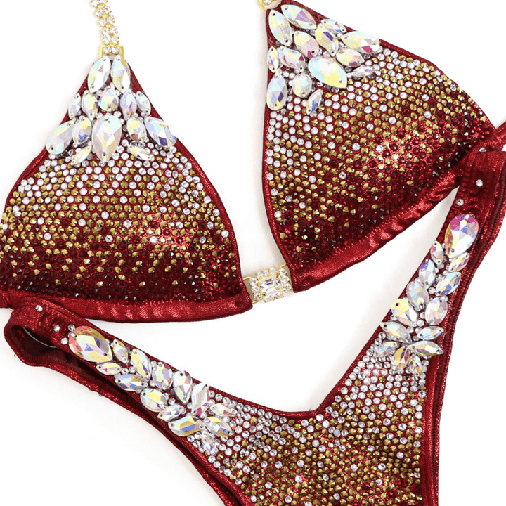Custom Platinum Gradient red competition bikinis with gradient crystals for NPC bikini competition suit and figure competition suits