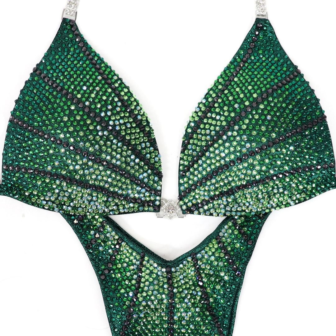 Green custom crystal bikini with curved lines and gradient colors for figure and wellness athletes.