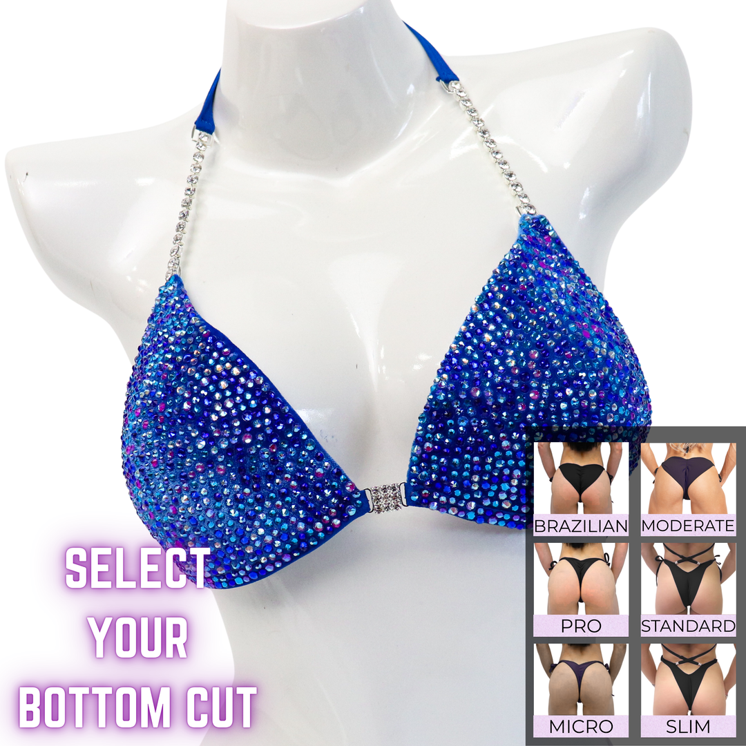 QS SZ: Crystal Radiance. Velvet Royal. Medium Molded/Select Your Bottom.  Angel Competition BikinisThe best NPC Competition Suits for the Bikini Division, Fit Model Division Suits, and bodybuilding suits.