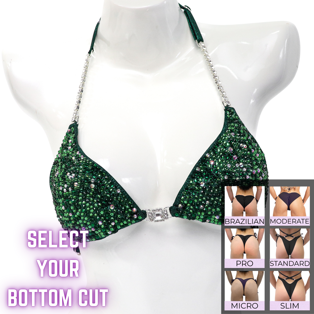 QS SZ: Emerald Radiance. Hologram Emerald. Small/Select Your Bottom.  Angel Competition BikinisThe best NPC Competition Suits for the Bikini Division, Fit Model Division Suits, and bodybuilding suits.