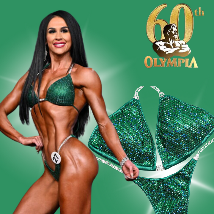 Check out green competition suit bikini that IFBB Bikini Pro 2nd Olympia Ashley Kaltwasser worn to the 2024 Olympia in Vegas