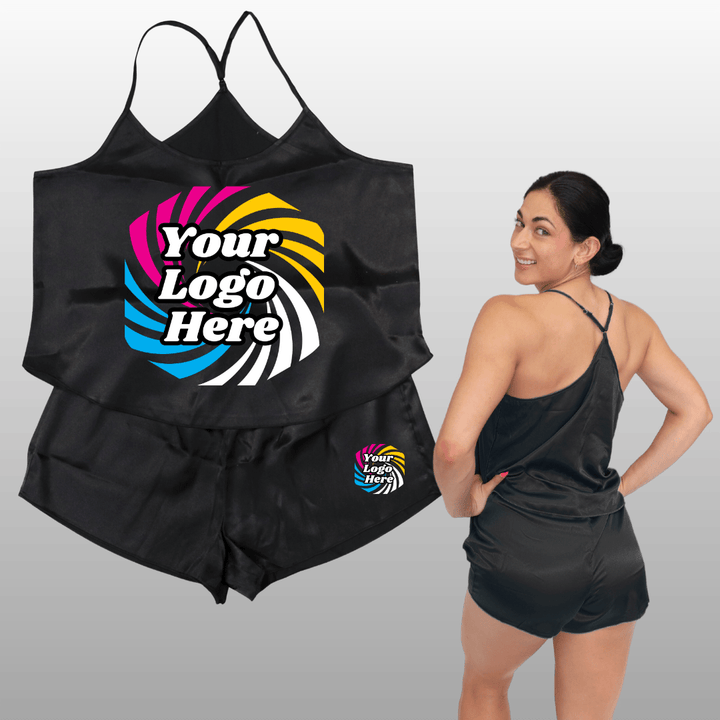 Summer Pjs black shiny satin set featuring custom competition bikinis and NPC bikini competition suit style for figure competition suits