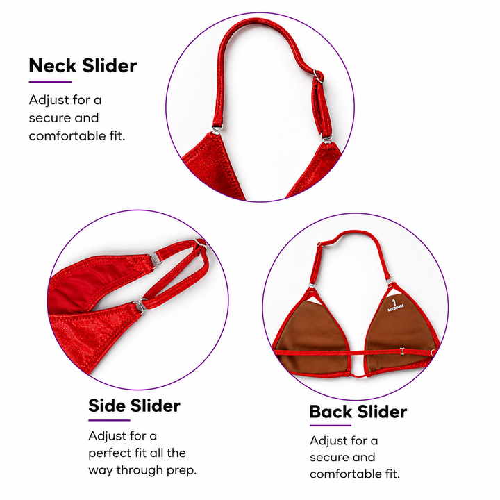 Practice your posing with confidence using Angel Competition Bikinis' adjustable posing practice suit. Perfect for bikini, wellness, fit model, figure, and physique competitors preparing for the stage.