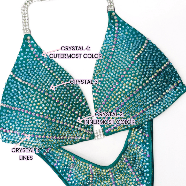 Teal custom crystal galaxy bikini with gradient colored crystals arranged in curved lines and patterns on white background