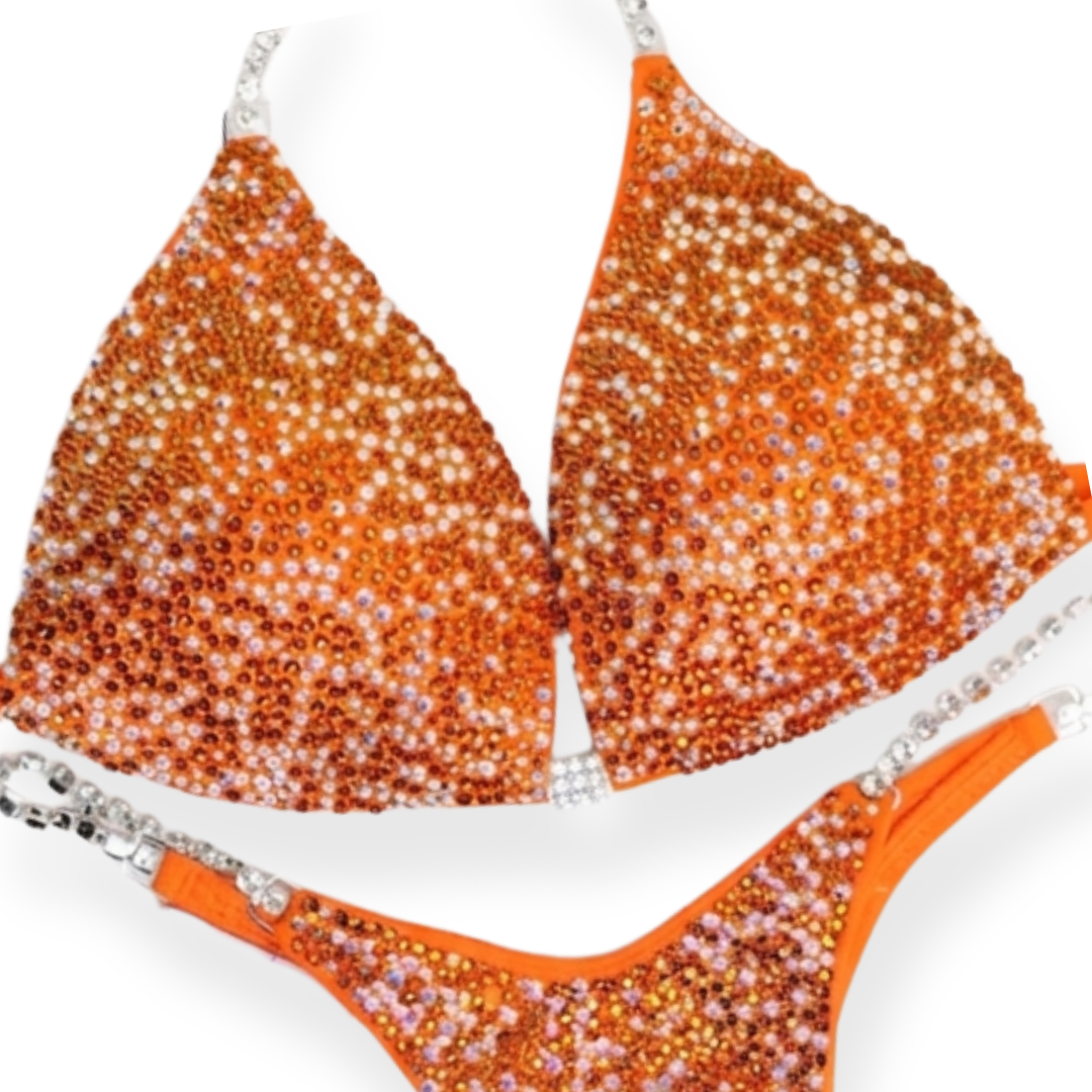 Tangerine Radiance – crystal competition bikini for NPC Bikini and Wellness