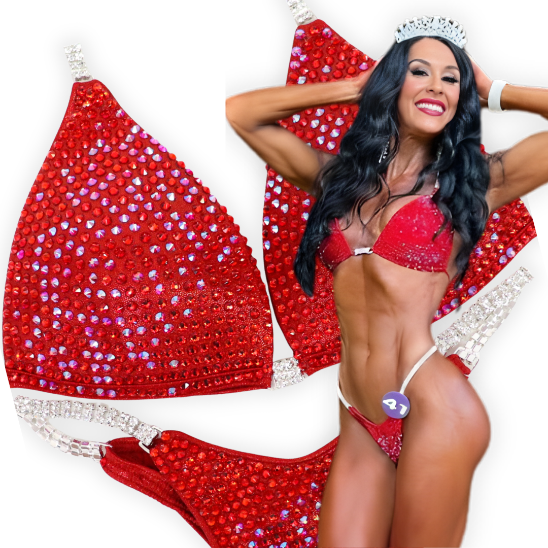 Ashley K's Cherry Bomb Cascade – crystal competition bikini for NPC Bikini and Wellness