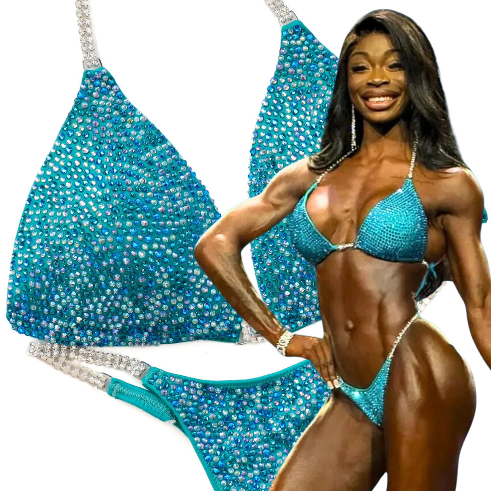Rhoda's Aqua Arnold Radiance  Angel Competition BikinisThe best NPC Competition Suits for the Bikini Division, Fit Model Division Suits, and bodybuilding suits.