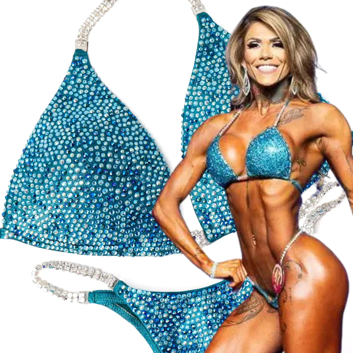 Lucia's Teal Radiance – crystal competition bikini for NPC Bikini and Wellness