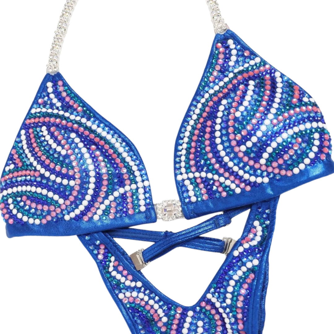 Tessa's Olympia Blue Crystal Swirl – crystal competition bikini for NPC Bikini and Wellness