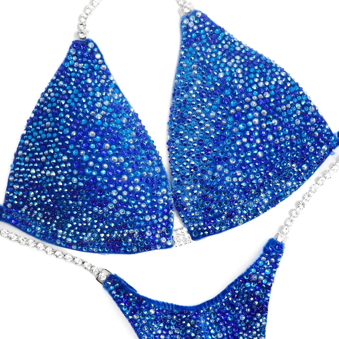 Rachel's Velvet Blue Radiance  Angel Competition BikinisThe best NPC Competition Suits for the Bikini Division, Fit Model Division Suits, and bodybuilding suits.