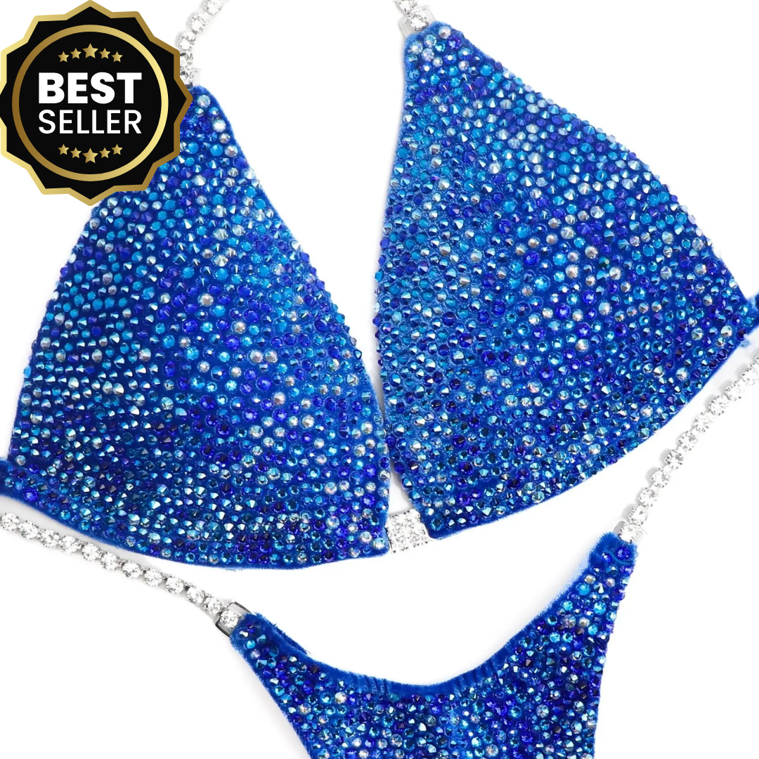 Rachel's Velvet Blue Radiance  Angel Competition BikinisThe best NPC Competition Suits for the Bikini Division, Fit Model Division Suits, and bodybuilding suits.