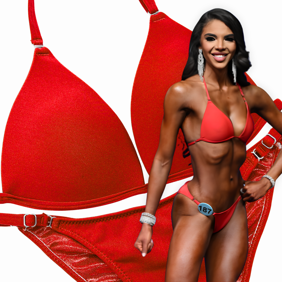 Matte Red Fit Model Competition Suit  Angel Competition BikinisThe best NPC Competition Suits for the Bikini Division, Fit Model Division Suits, and bodybuilding suits.