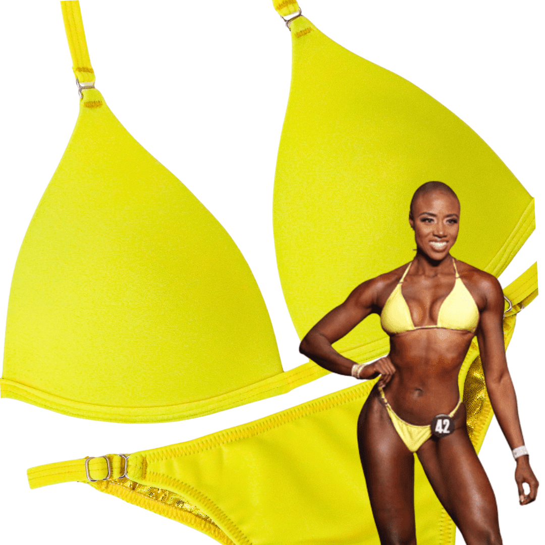 Matte Yellow Fit Model Competition Suit in bright yellow for NPC bikini competition suit and fit model competition suit