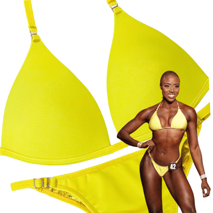 Matte Yellow Fit Model Competition Suit in bright yellow for NPC bikini competition suit and fit model competition suit