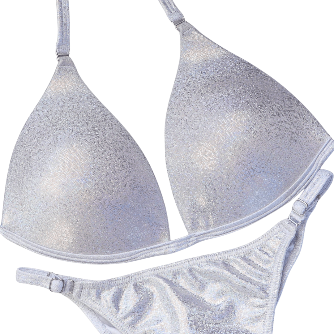 Hologram White Fit Model Competition Suit in shimmering white for NPC bikini competition suit and competition bikinis