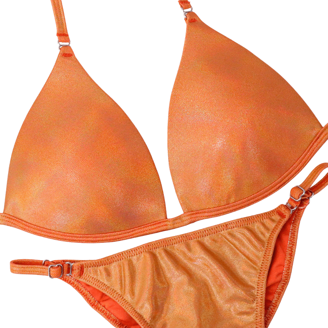 Hologram Orange Fit Model Competition Suit in vibrant orange for NPC bikini competition suit and competition bikinis
