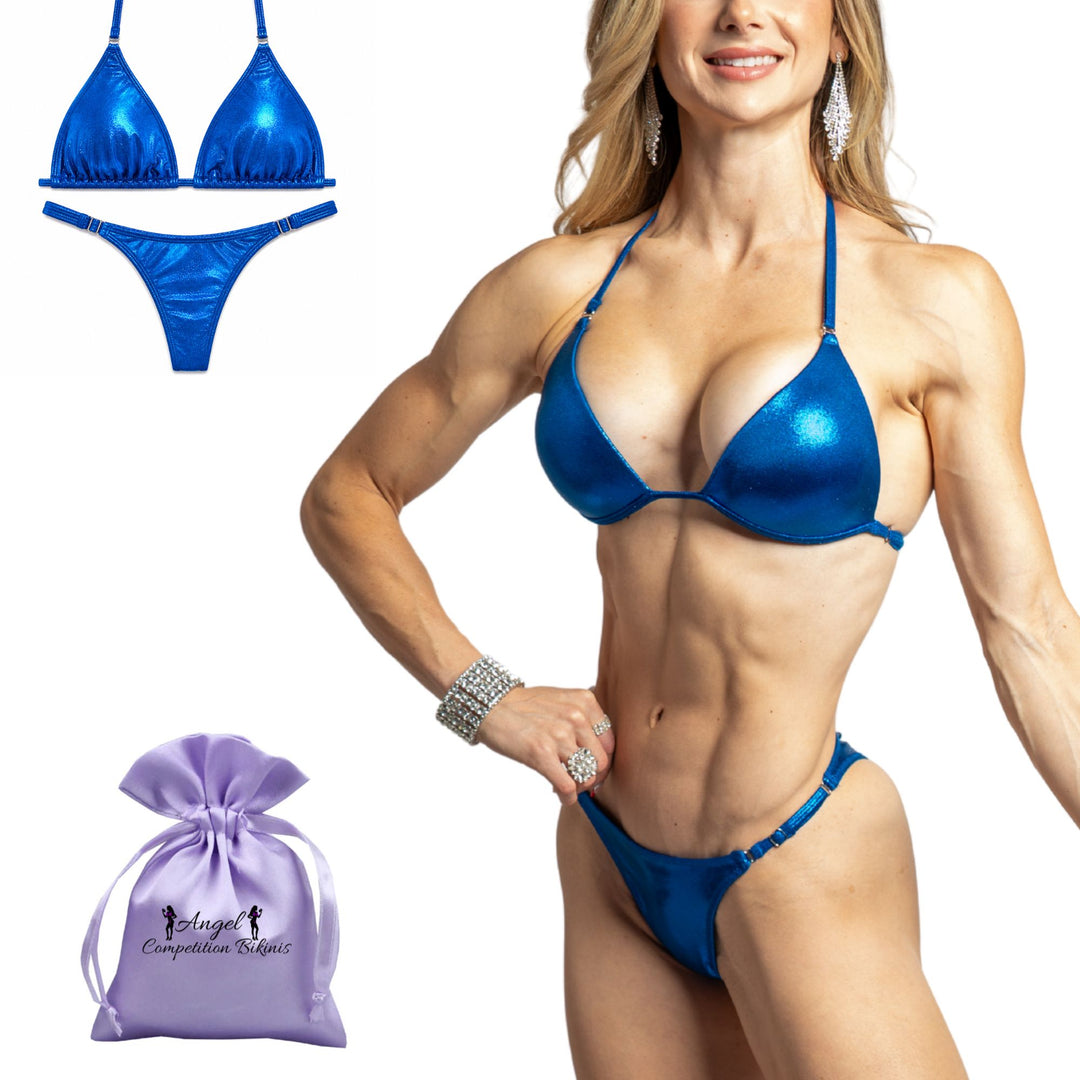 QS ST: Hologram Electric Blue Posing Practice Suit. Medium/Modest Pro.  Angel Competition BikinisThe best NPC Competition Suits for the Bikini Division, Fit Model Division Suits, and bodybuilding suits.