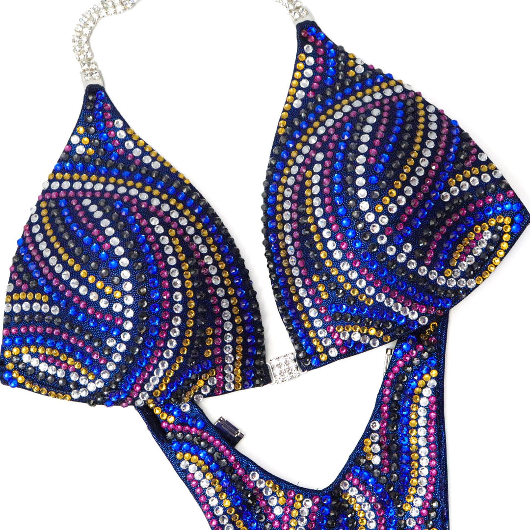 Custom Crystal Swirl blue competition bikinis with flowing line design for NPC bikini competition suit and figure competition suits