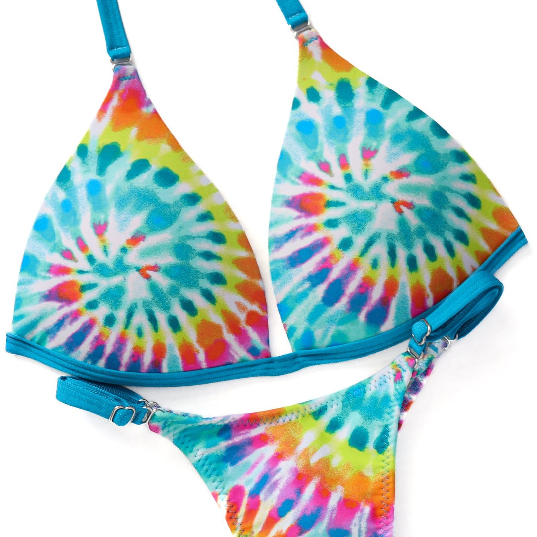 LIMITED PRINT Tie Dye Posing Practice Suit in vibrant colors for NPC bikini competition suit and figure competition suits