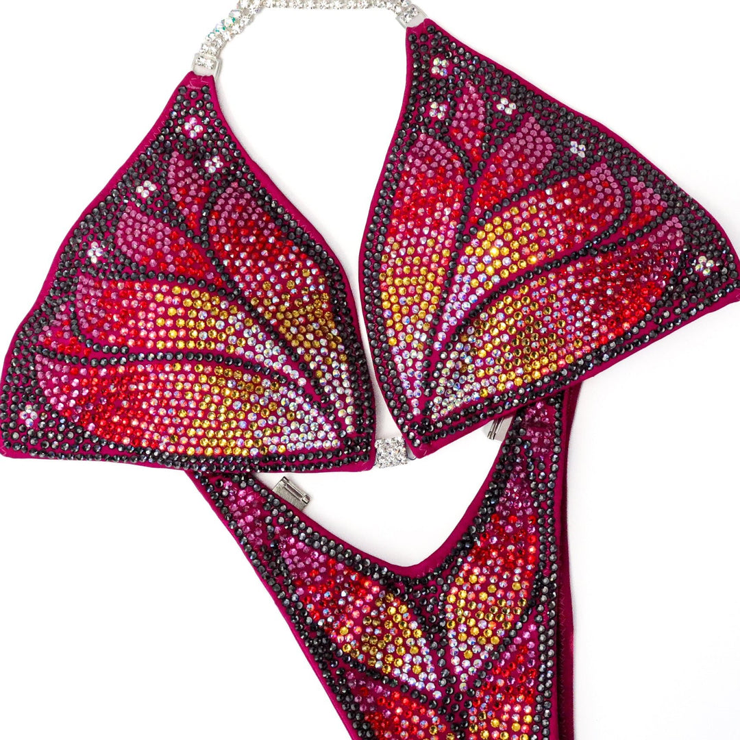 Custom Crystal Monarch red competition bikinis with butterfly crystal design for NPC bikini competition suit and figure competition suits