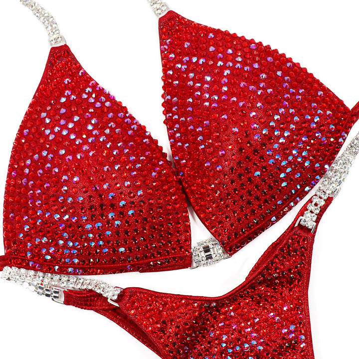 Ashley K's Cherry Bomb Cascade – crystal competition bikini for NPC Bikini and Wellness