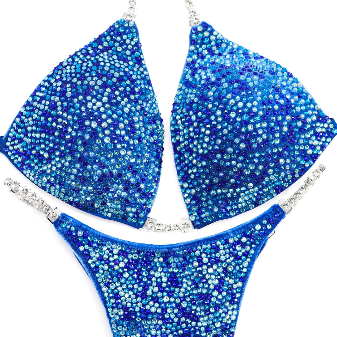 Velvet Royal Radiance blue velvet bikini set with aqua, sapphire, and capri crystals for NPC bikini competition suits