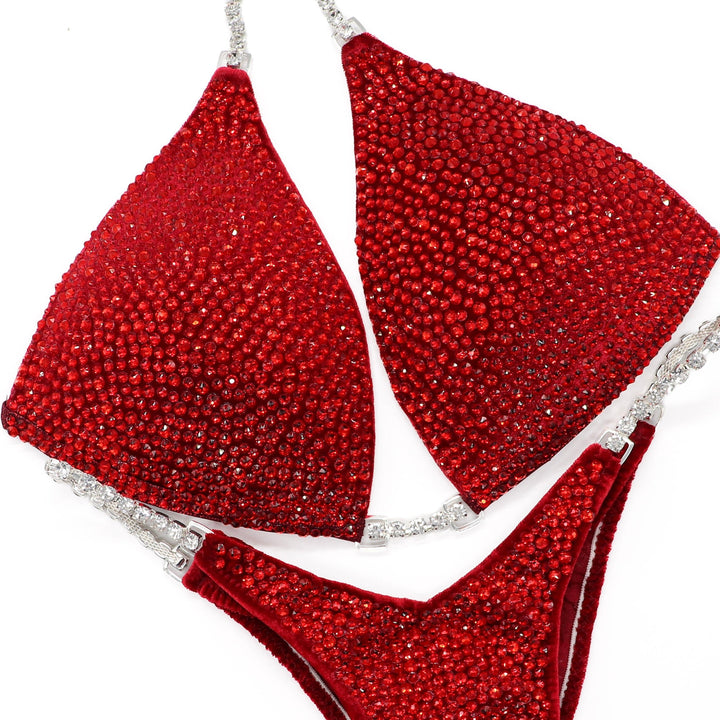 Tamekia's Red Velvet Radiance velvet red competition bikinis for NPC bikini competition suit and figure competition suits