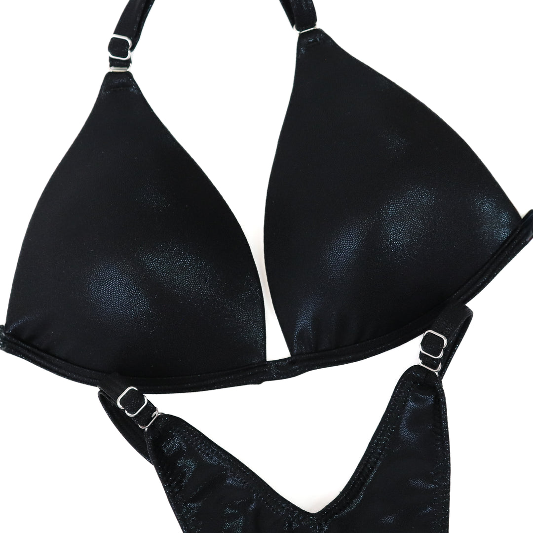 QS ST: Wet Black Posing Practice Suit. Medium Molded/Brazilian with Modest Rise.