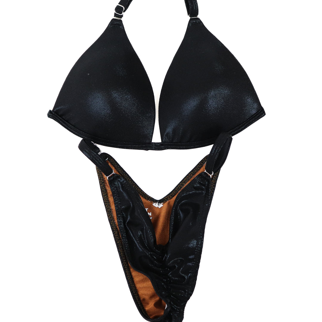 QS ST: Wet Black Posing Practice Suit. Medium Molded/Brazilian with Modest Rise.