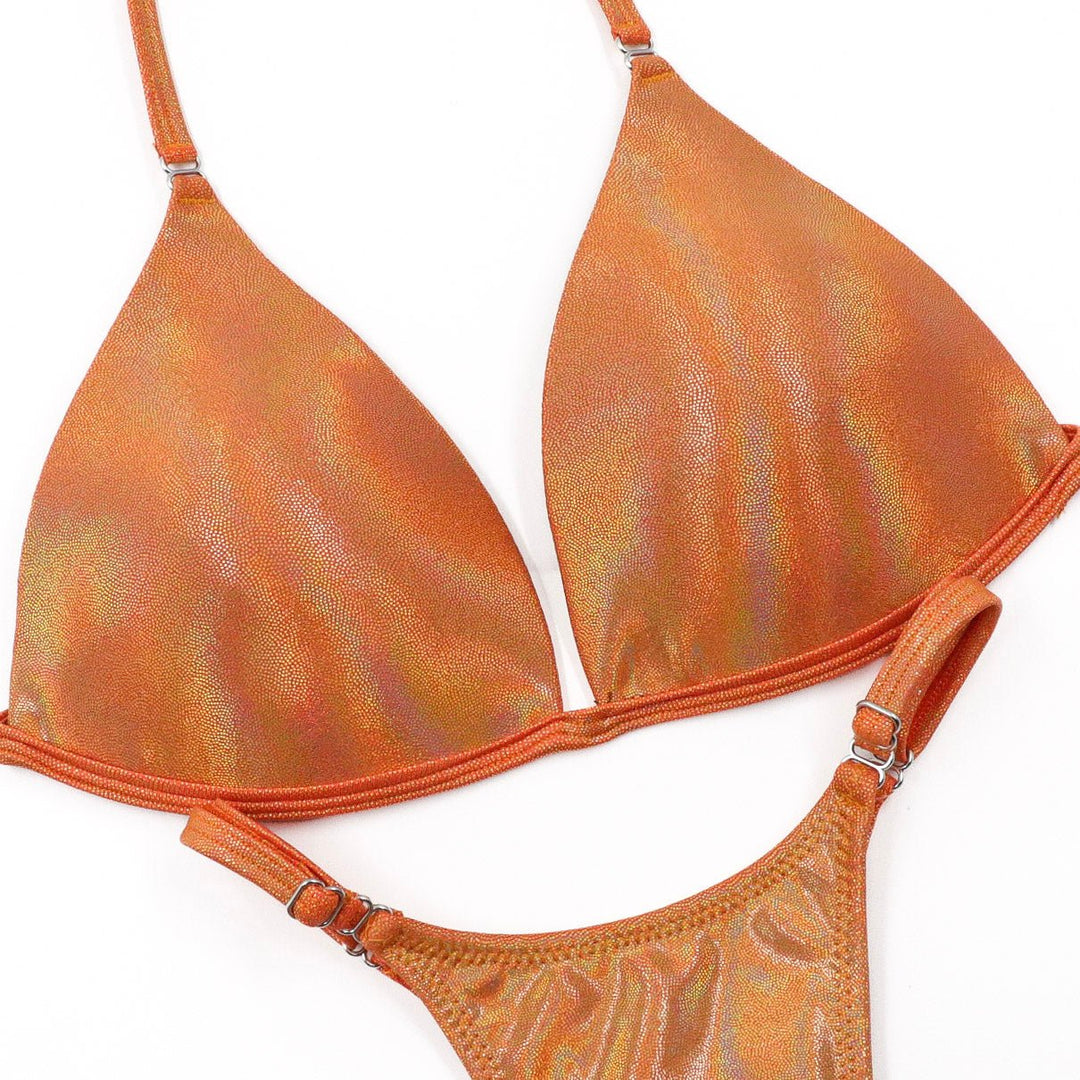 Hologram Orange Posing Practice Suit in vibrant orange for NPC bikini competition suit and figure competition suits
