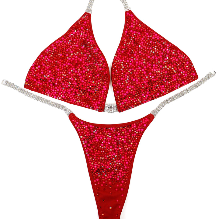 QS ST: Rhoda's Neon Red Radiance. Medium/Pro.  Angel Competition BikinisThe best NPC Competition Suits for the Bikini Division, Fit Model Division Suits, and bodybuilding suits.