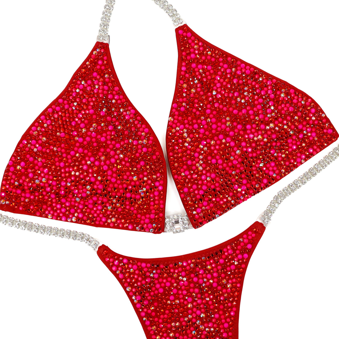 QS ST: Rhoda's Neon Red Radiance. Medium/Pro.  Angel Competition BikinisThe best NPC Competition Suits for the Bikini Division, Fit Model Division Suits, and bodybuilding suits.