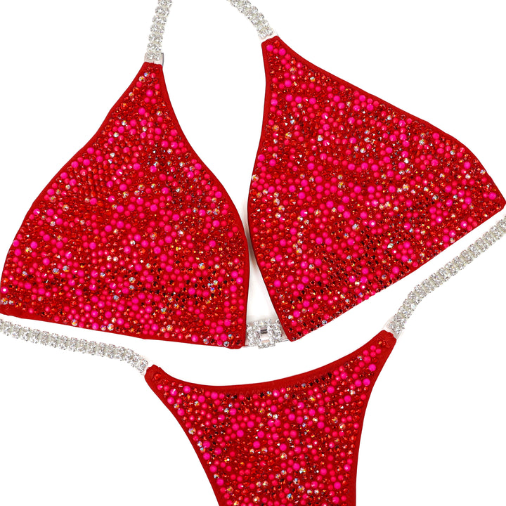 QS ST: Rhoda's Neon Red Radiance. Medium/Pro.  Angel Competition BikinisThe best NPC Competition Suits for the Bikini Division, Fit Model Division Suits, and bodybuilding suits.