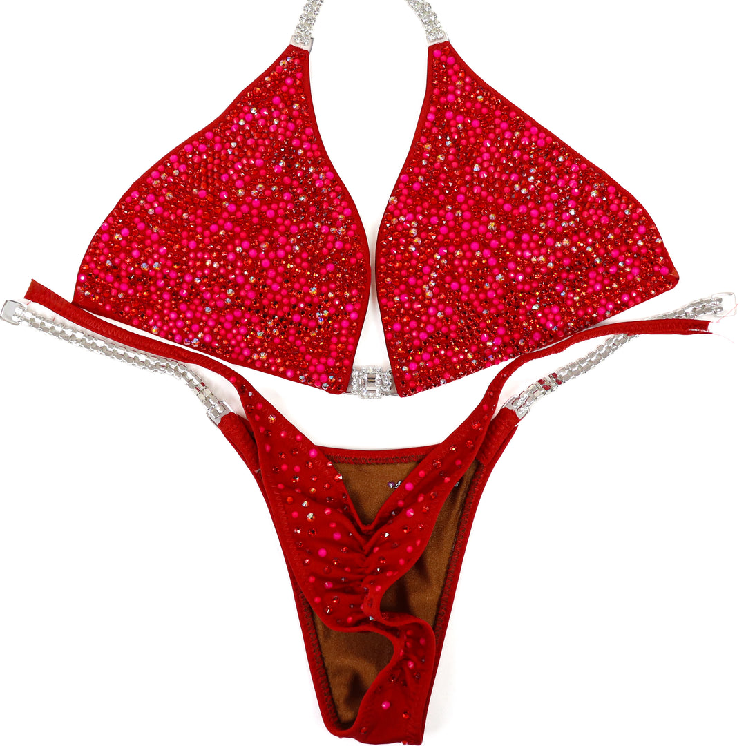 QS ST: Rhoda's Neon Red Radiance. Medium/Pro.  Angel Competition BikinisThe best NPC Competition Suits for the Bikini Division, Fit Model Division Suits, and bodybuilding suits.