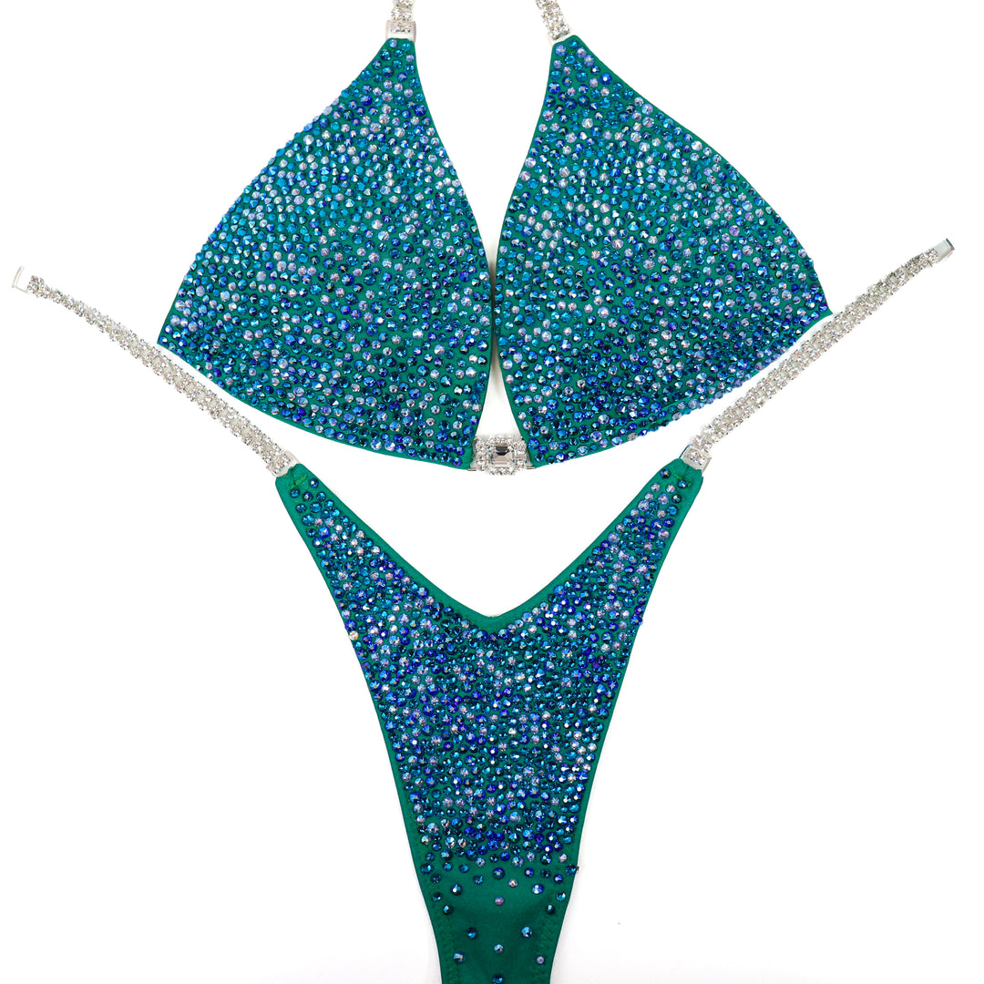 QS ST: Johanna's Arnold Green Radiance. Matte Electric Green. Medium Molded/Pro.  Angel Competition BikinisThe best NPC Competition Suits for the Bikini Division, Fit Model Division Suits, and bodybuilding suits.