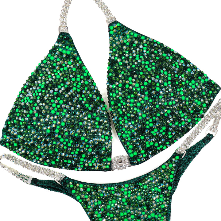 Mary Ann's Neon Emerald Radiance  Angel Competition BikinisThe best NPC Competition Suits for the Bikini Division, Fit Model Division Suits, and bodybuilding suits.